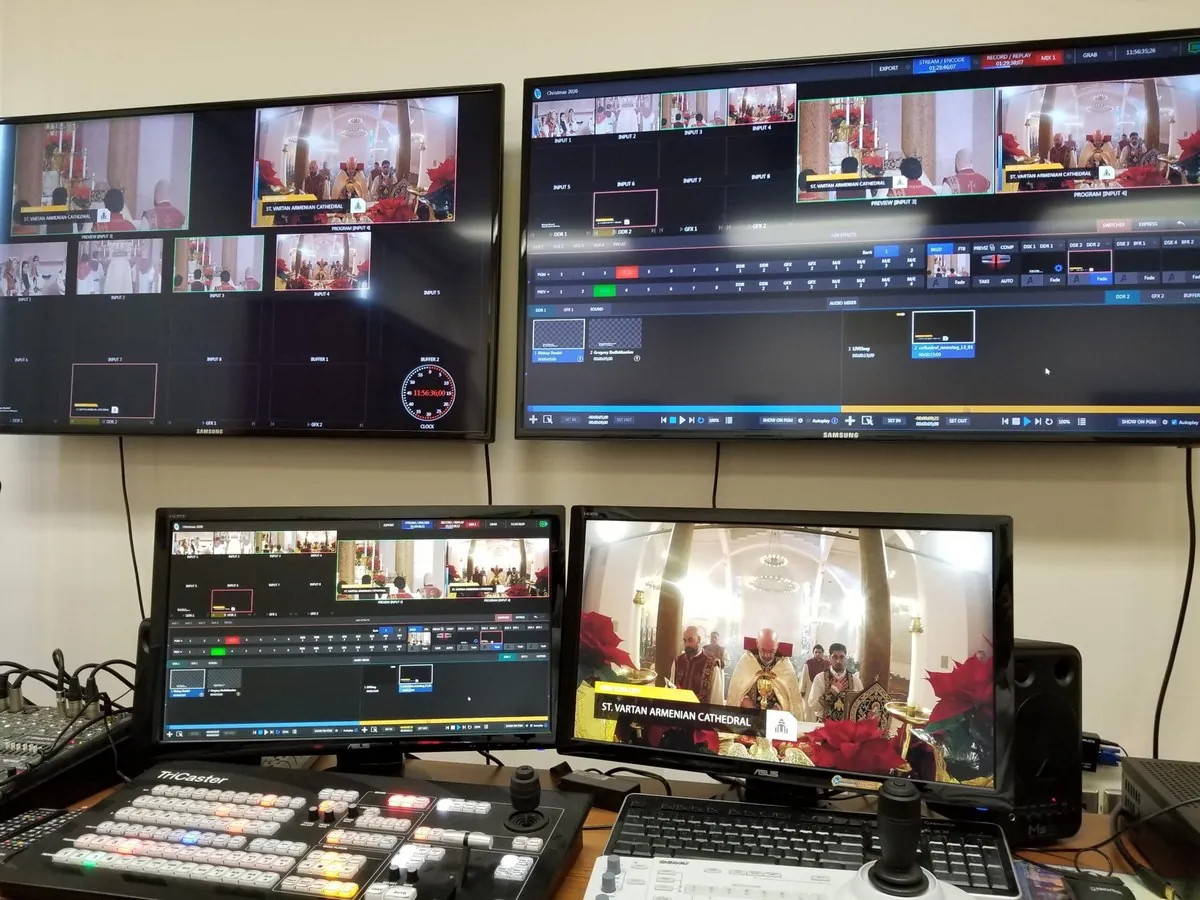 A Christmas liturgy at St. Vartan Armenian Cathedral carried on multiview and program monitors above a TriCaster control surface