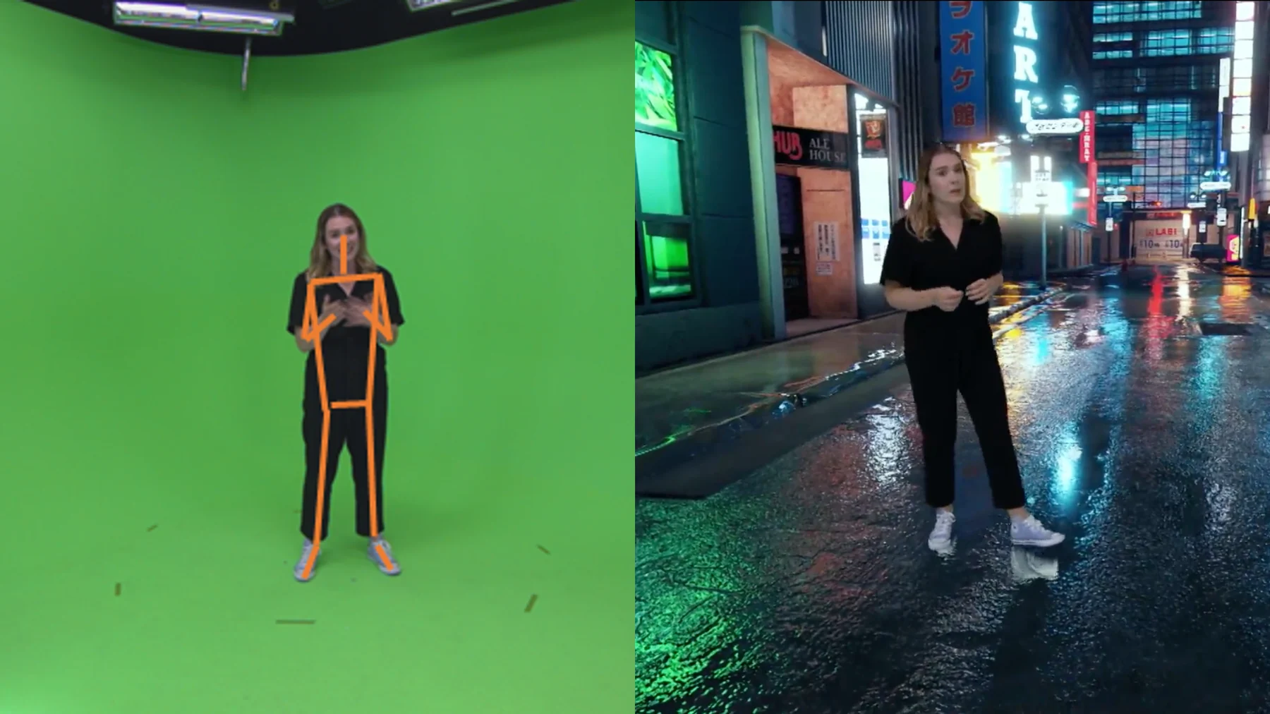 Two frames side by side: on the left a presenter stands in a lit green screen studio with an AI pose-estimation skeleton tracked over her body, and on the right the same presenter composited into a photoreal rainy neon-lit city street virtual set