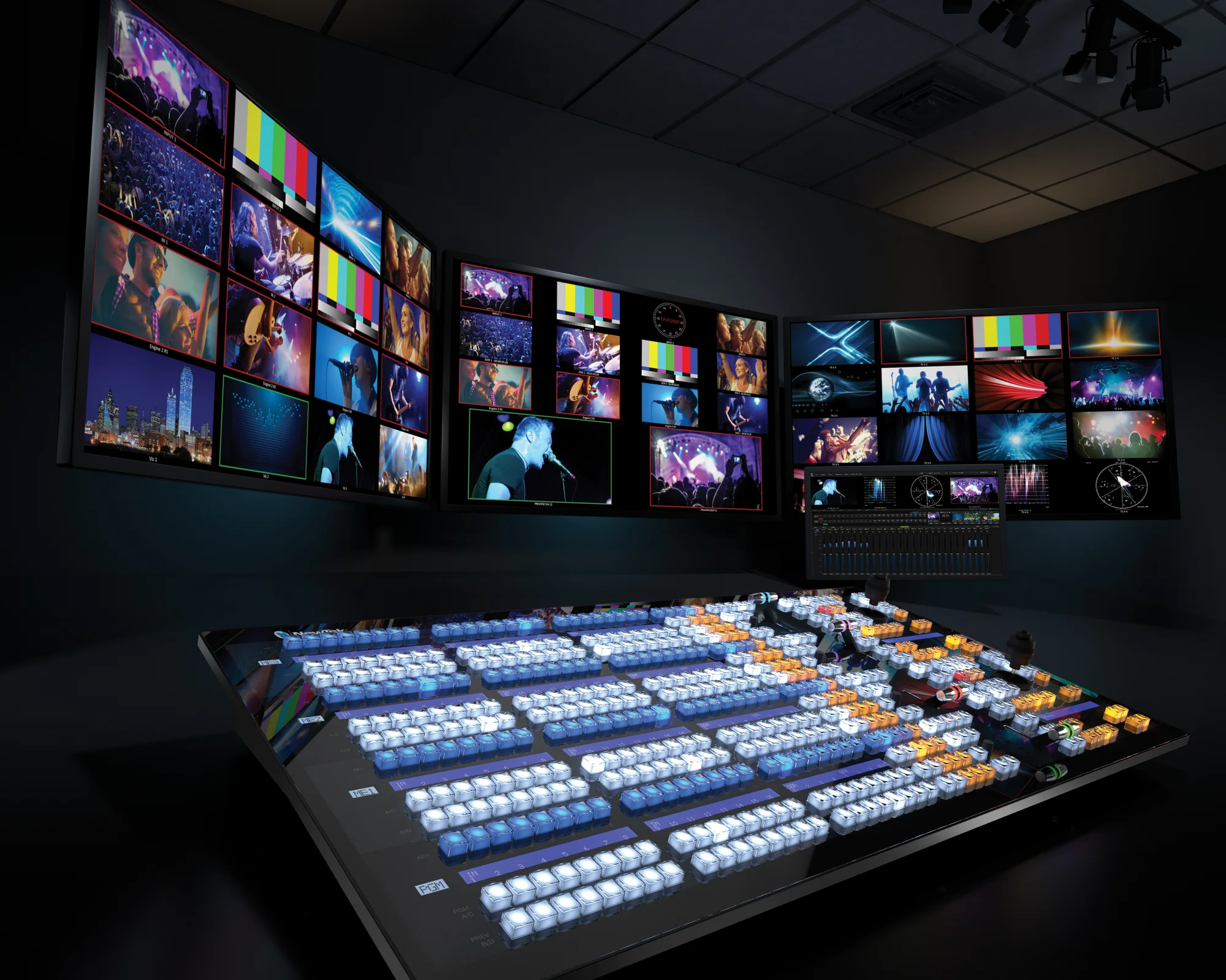 Vizrt demo suite: a TriCaster control surface under a monitor wall, racked and live