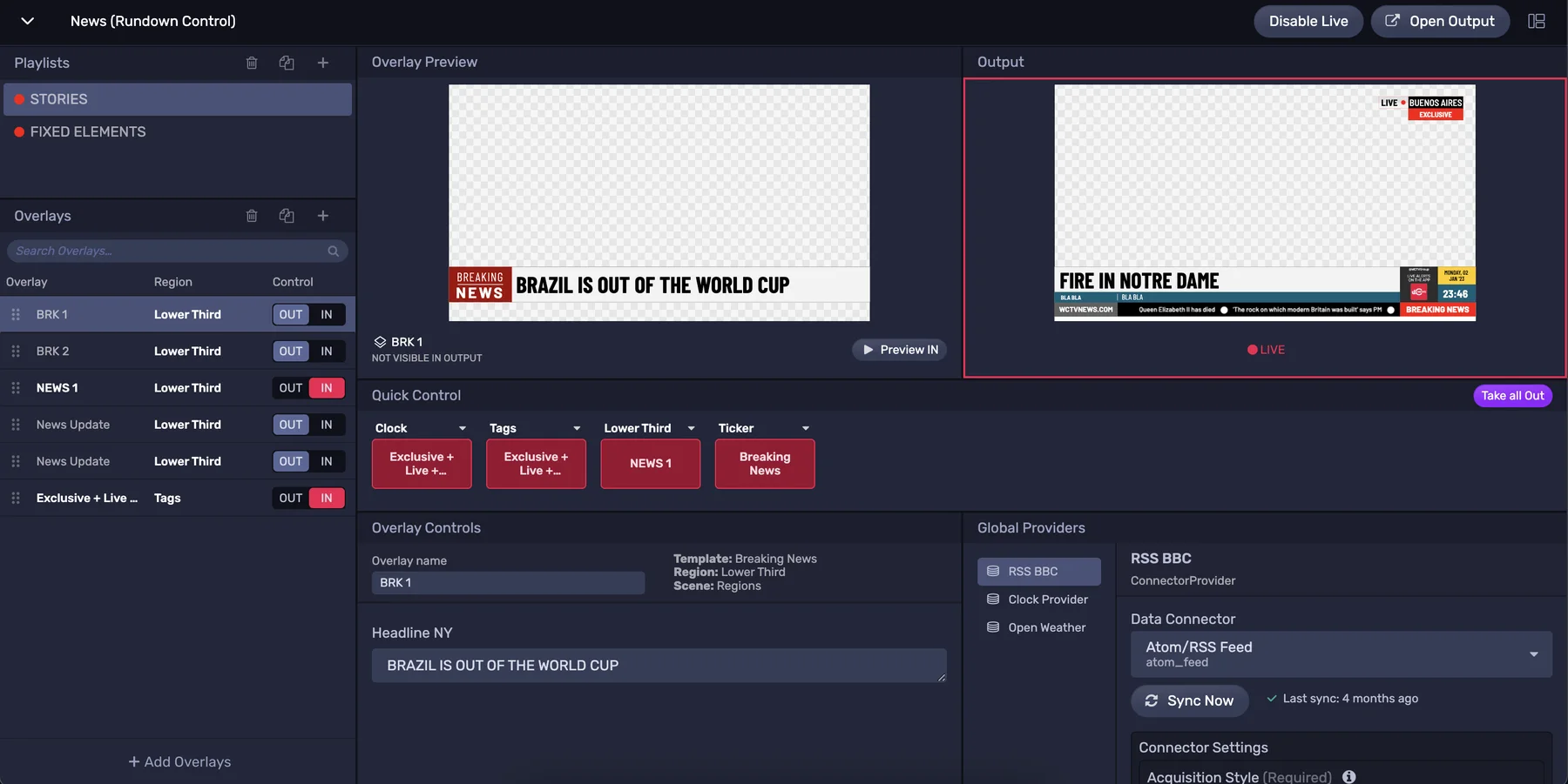Viz Flowics rundown control interface with overlay preview and live output