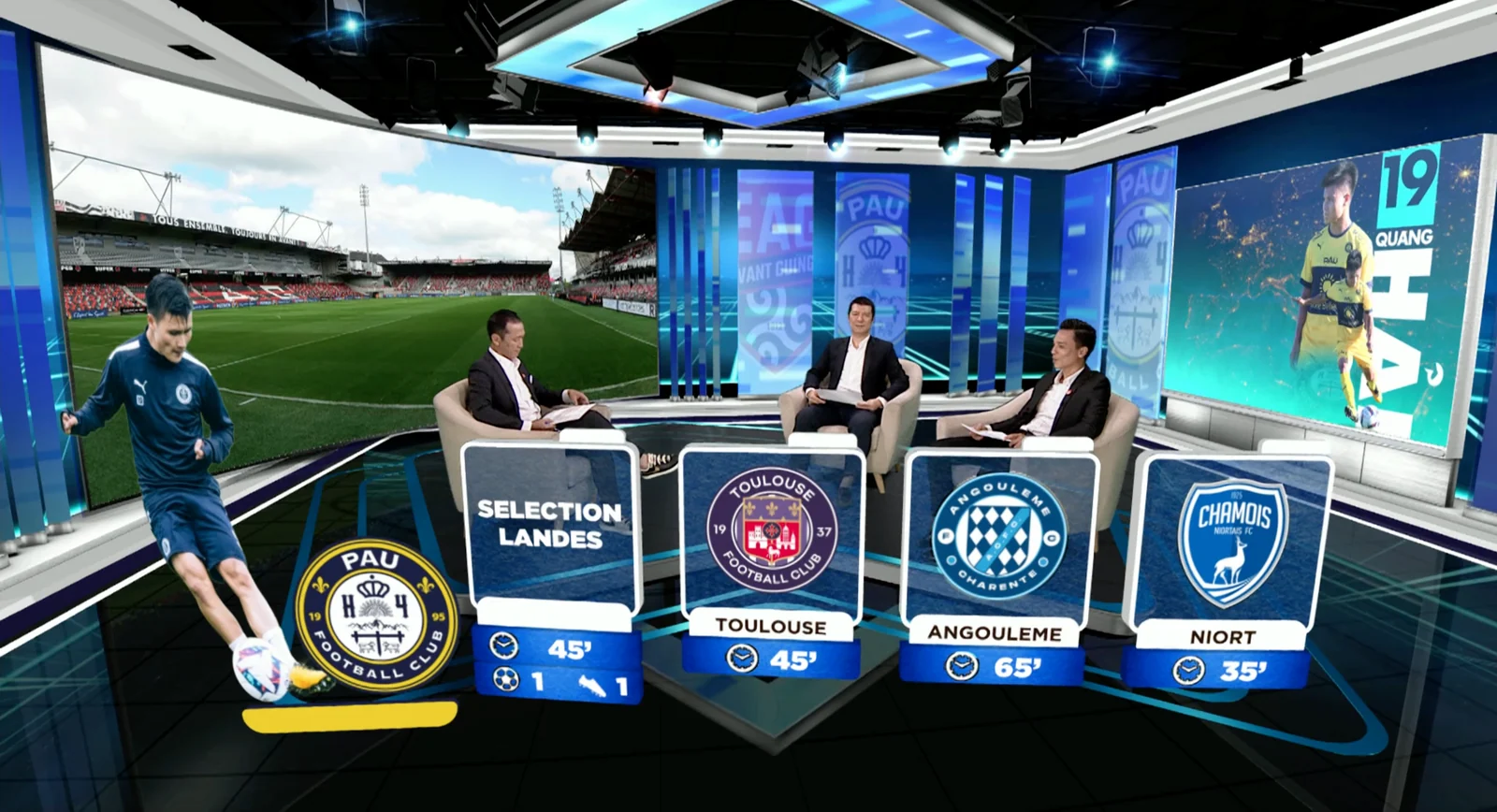 A virtual sports studio in use: three analysts at a curved desk in front of a wraparound virtual video wall showing a stadium, with augmented reality fixture cards on the studio floor