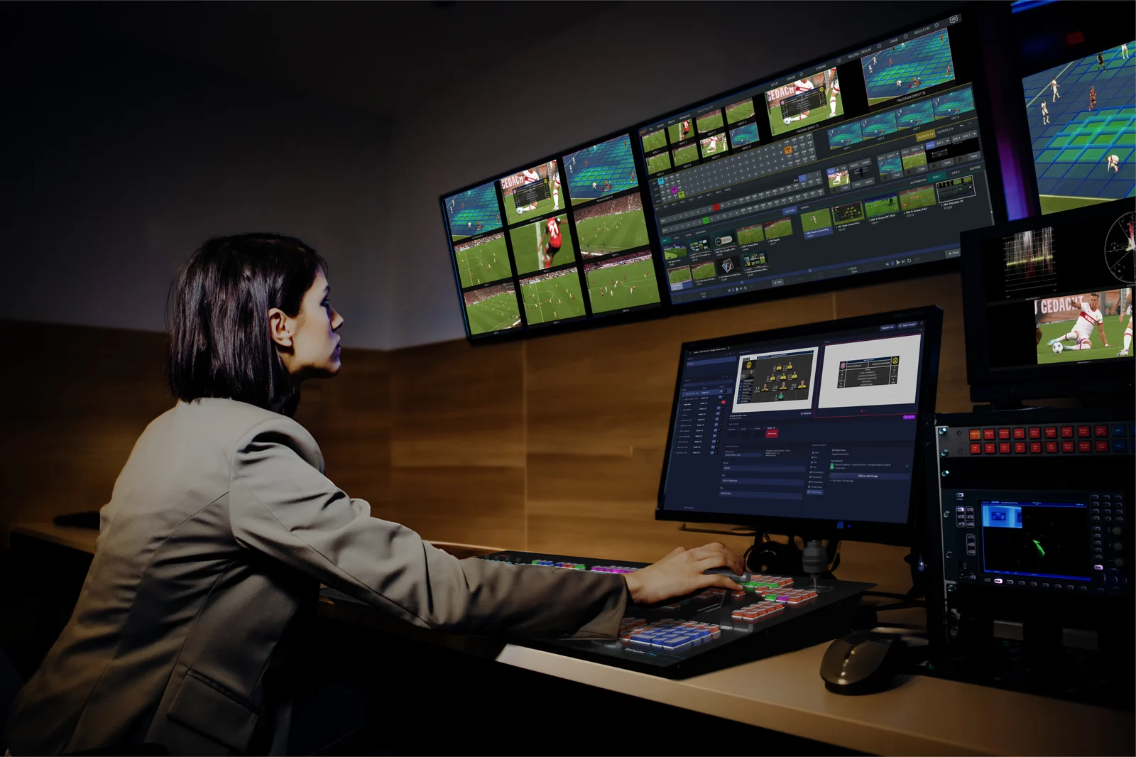 An operator wearing a headset works a TriCaster Flex Dual control panel in front of a curved monitor wall showing a football multiview and the switcher interface