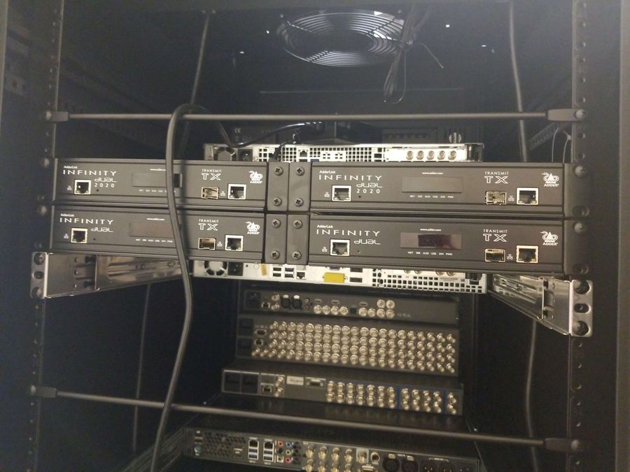 Rackmounted KVM transmitters and patch panels in the Varto rack room, cabled and dressed