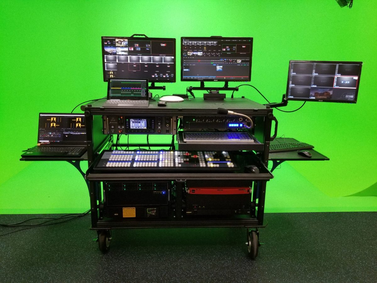 Flypack and switcher kits staged on the studio floor