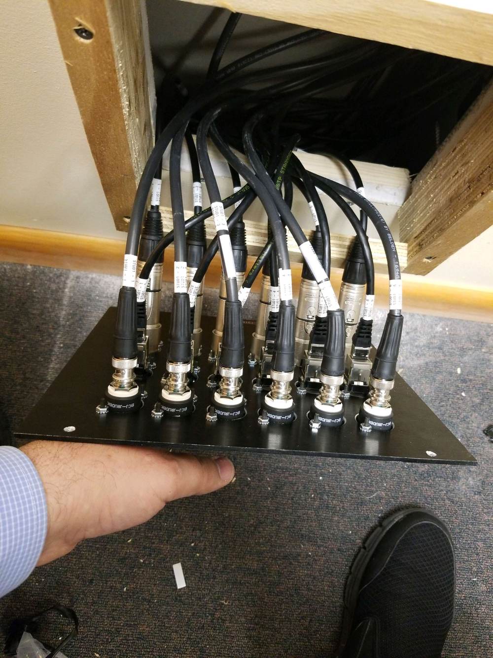 A hand-built BNC patch panel from the studio wiring
