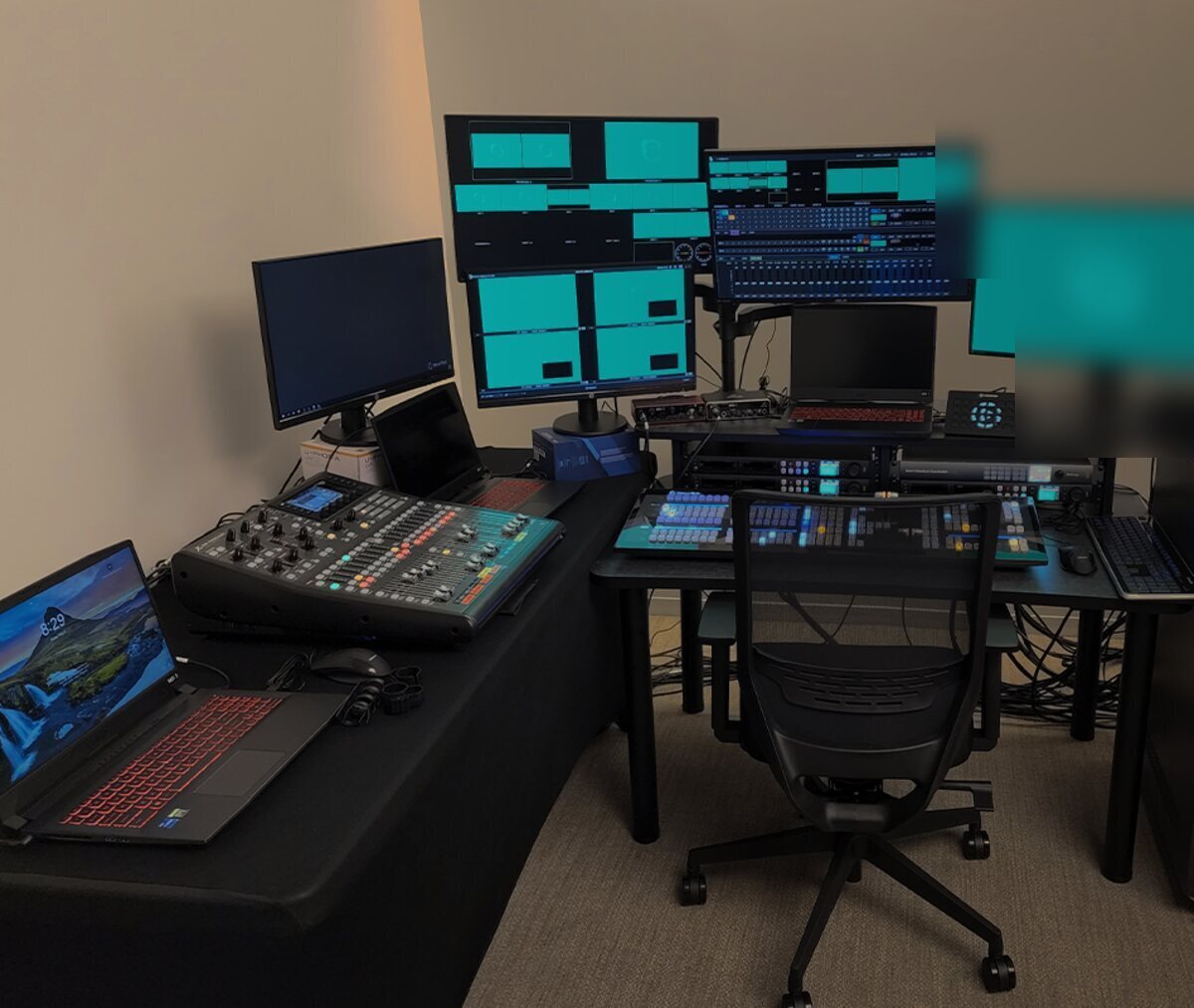 A compact remote production control position with a control surface, monitors and a multiview