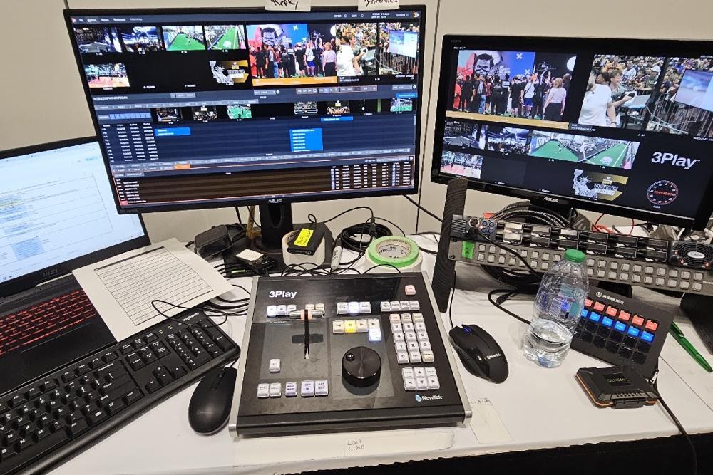 A replay station mid-event: controller, timeline, and multiviewer