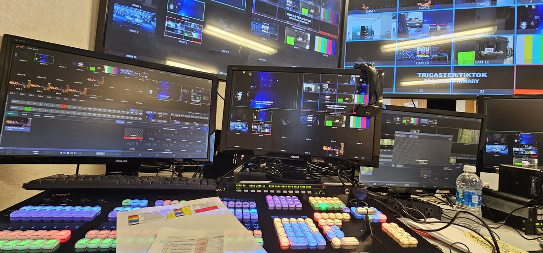 A production switching position backstage at a live broadcast event