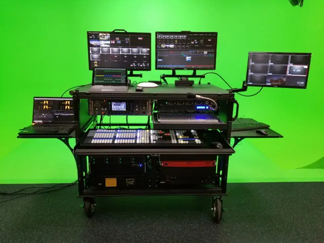 A flypack Varto built for a client, staged in front of the green screen