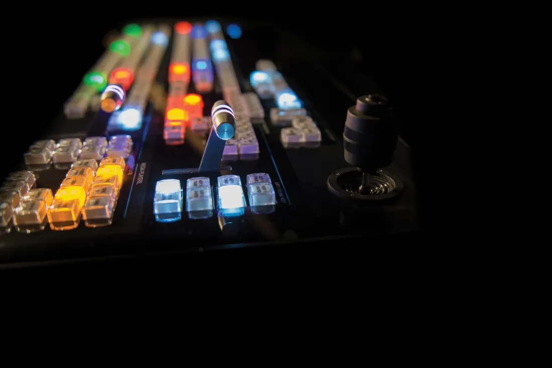 Illuminated broadcast switcher control surface, close detail