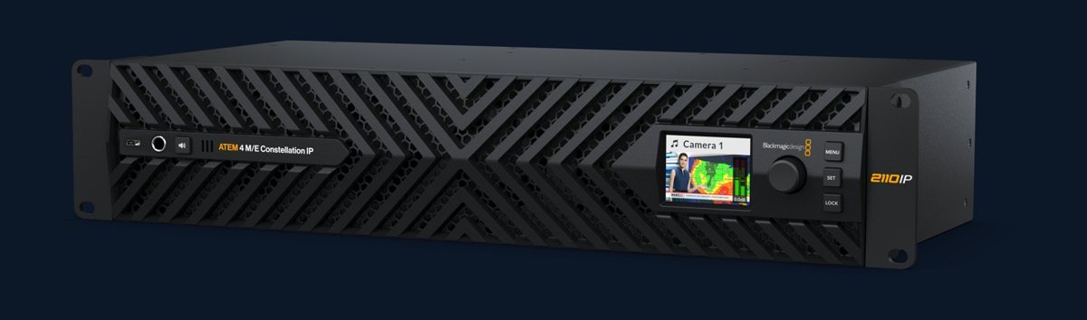 ATEM 4 M/E Constellation IP, 2RU rackmount switcher, front three-quarter view