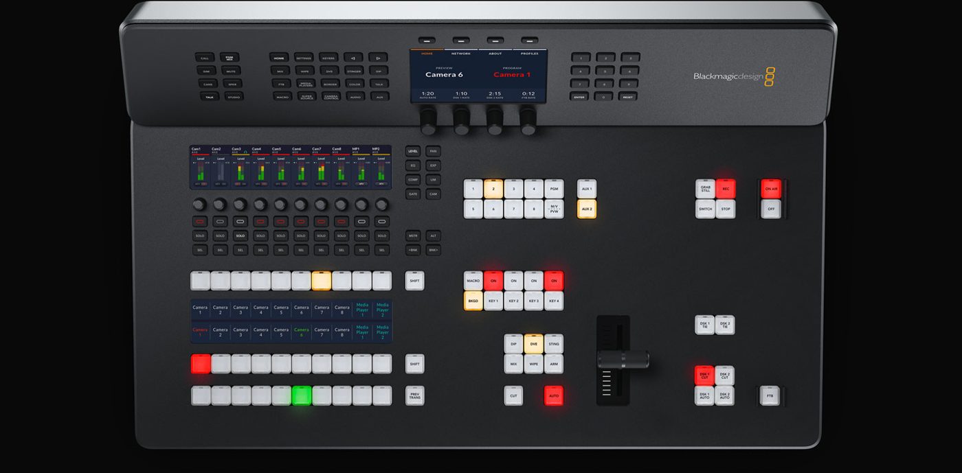 ATEM Television Studio front panel with the control surface, LCD and audio faders labelled
