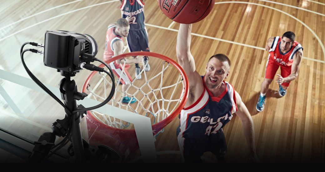 Micro Studio Camera 4K G2 mounted behind a basketball backboard during a game