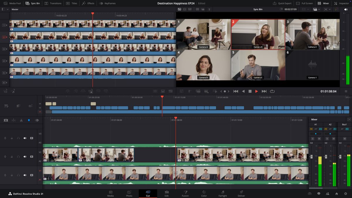 DaVinci Resolve Cut page with a four-camera multicam timeline from ISO recordings