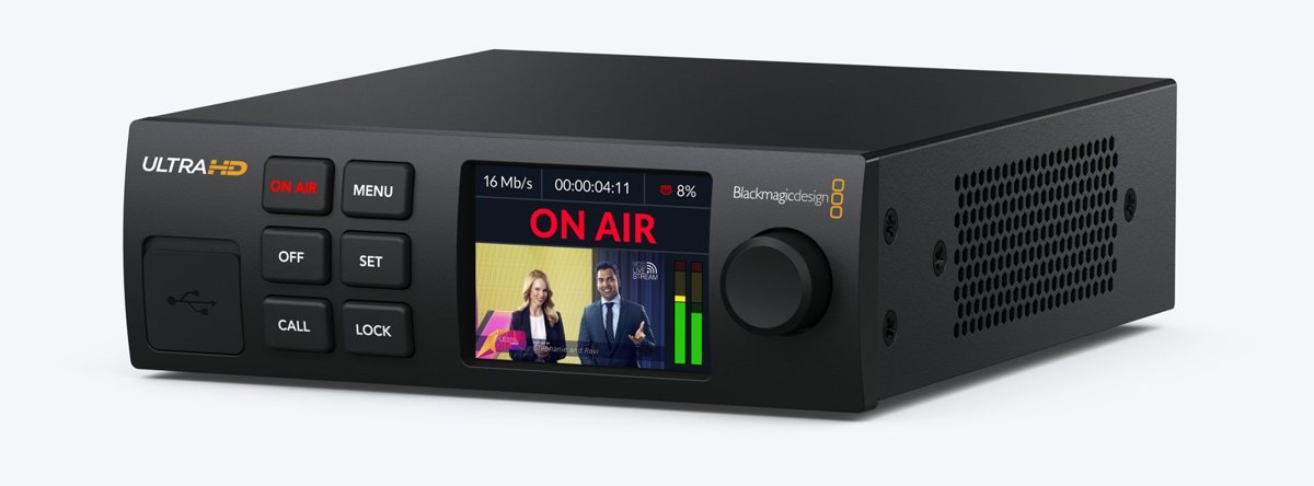 Blackmagic Streaming Encoder 4K, compact unit with LCD showing the on-air stream