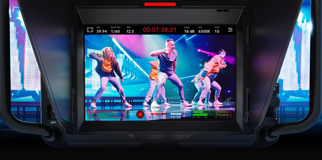 Rear of a Studio Camera showing the 7-inch viewfinder with camera status overlays