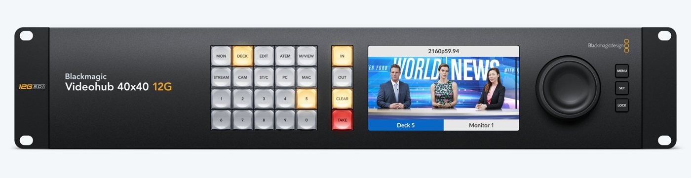 Blackmagic Videohub 40x40 12G front panel with the routing buttons, source and destination LCD and spin knob