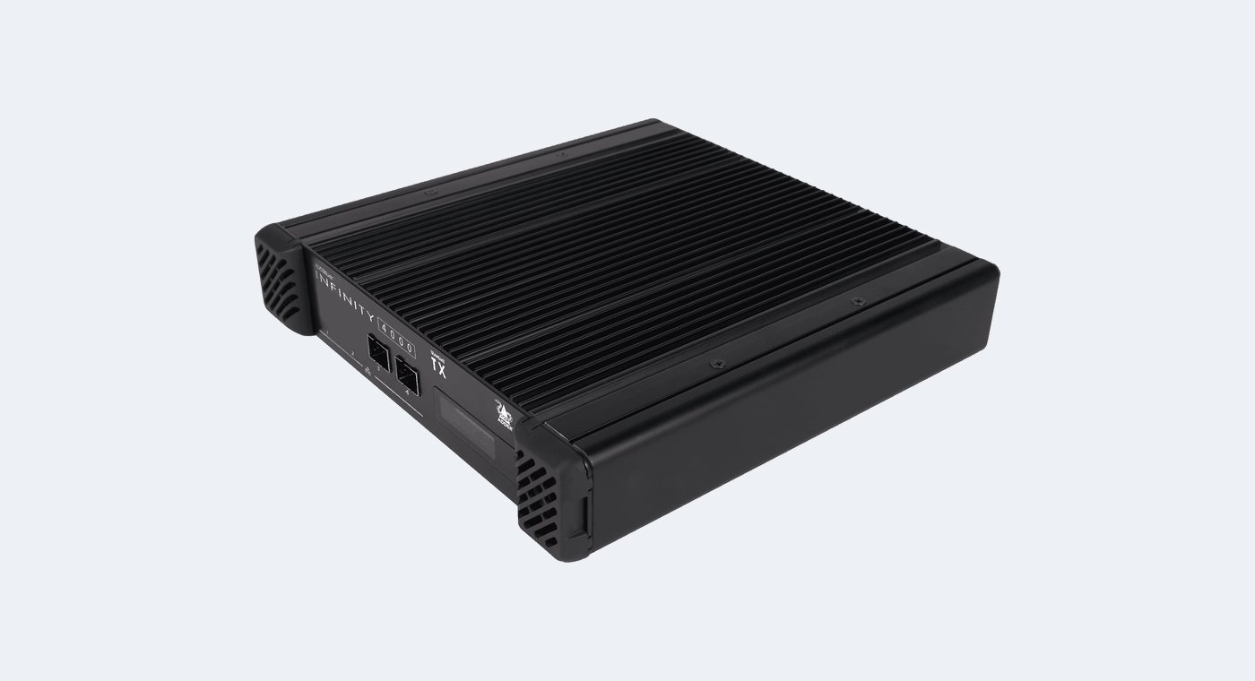 An ADDERLink INFINITY ALIF4001 endpoint, front three quarter view