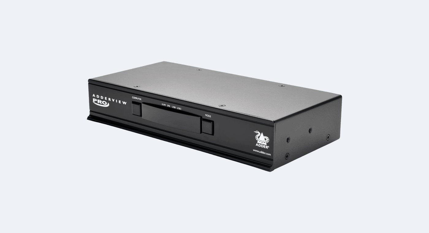 An ADDERView 4 PRO desktop KVM switch, front three quarter view