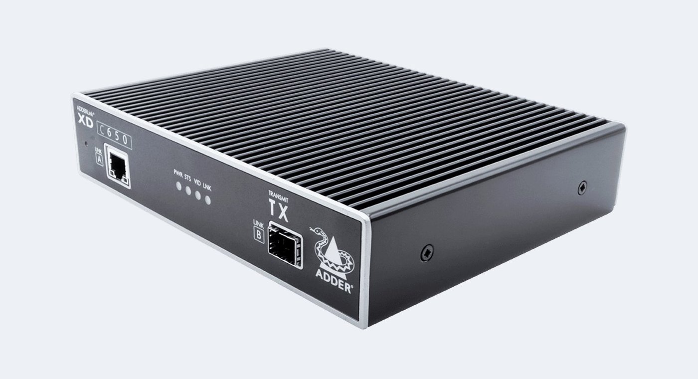 ADDERLink XD C650 transmitter, a finned black KVM extender with a CATx link port and an SFP cage