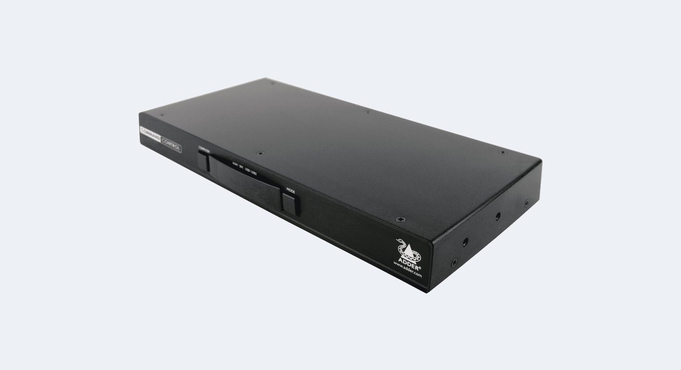 An ADDER CCS-PRO4 keyboard and mouse switch, front three quarter view