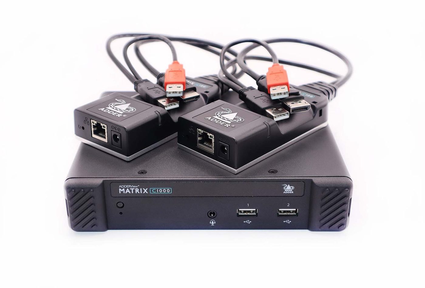 An ADDERView Matrix desk unit on a white background with two small Adder modules and their cables resting on top of it