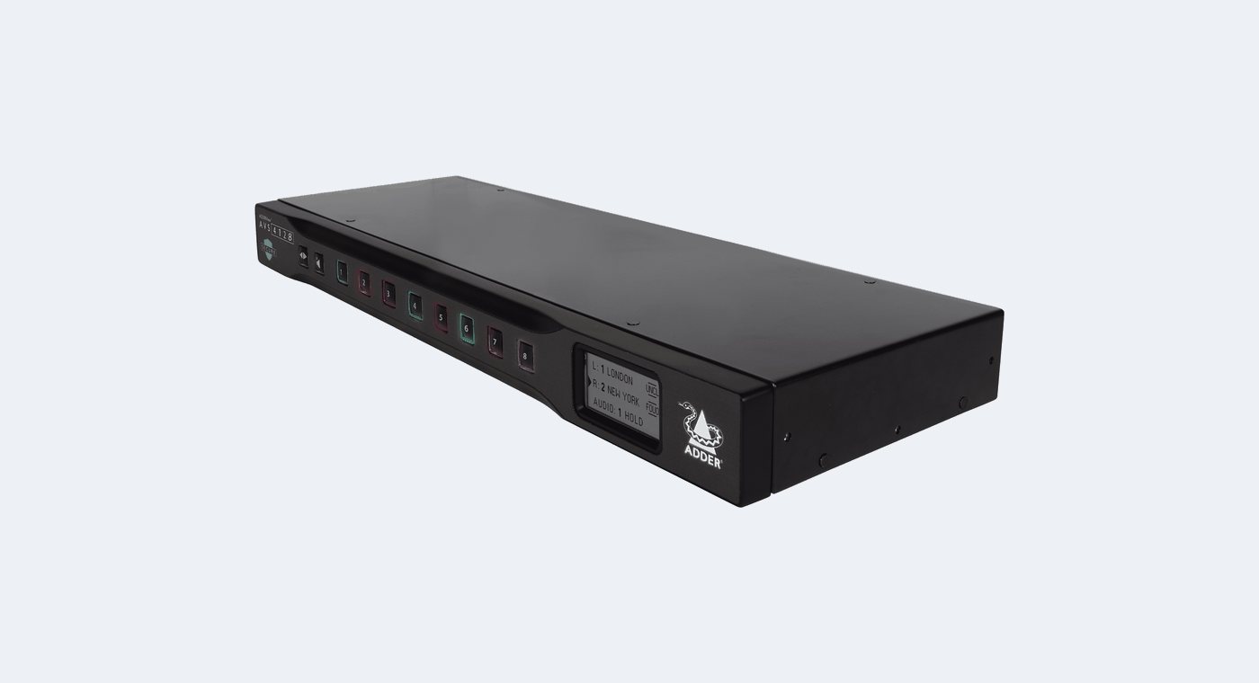 An Adder AVS series secure KVM switch with colored channel buttons