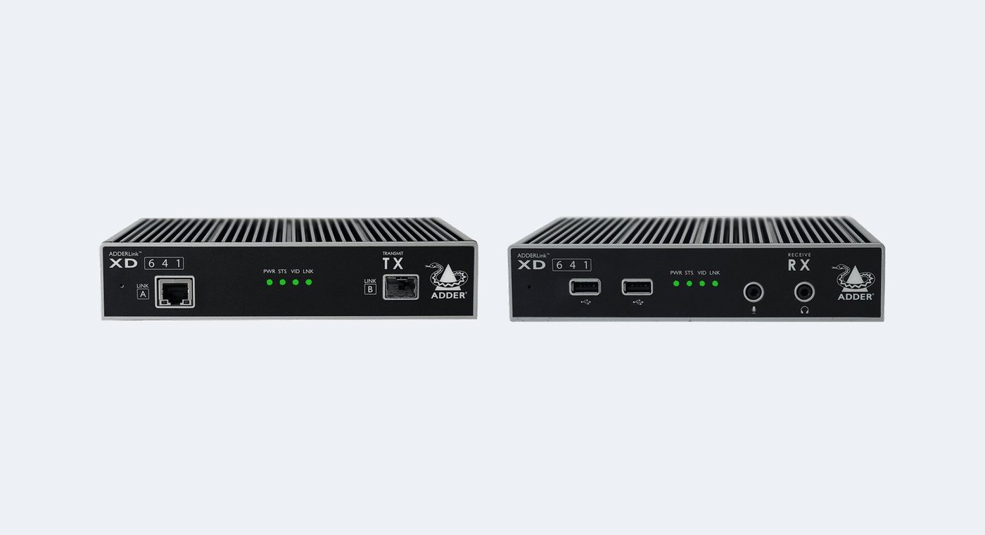 An ADDERLink XD641 transmitter and receiver shown side by side as front view product renders