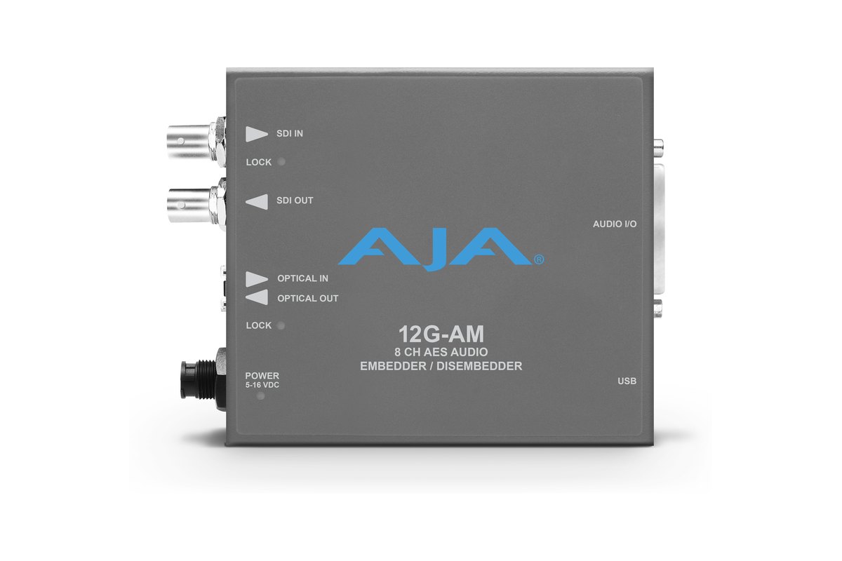 An AJA 12G-AM audio embedder and disembedder Mini-Converter