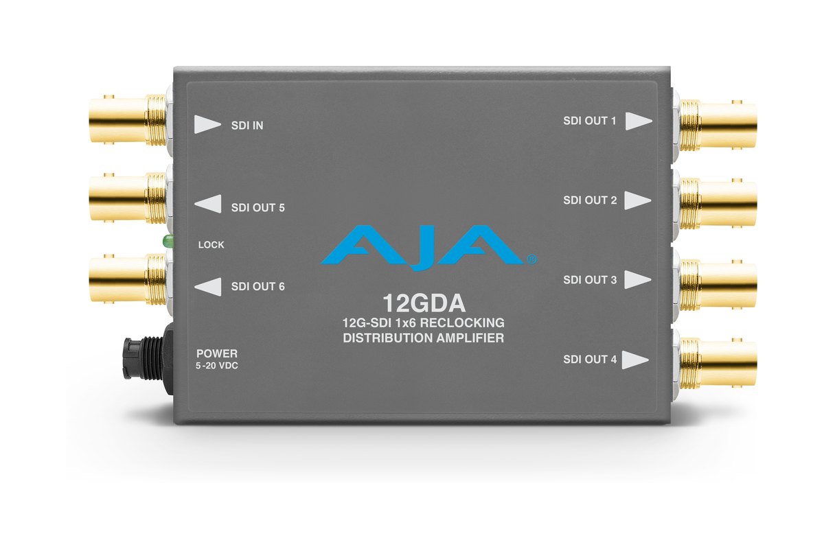 An AJA 12GDA reclocking amplifier with one SDI input and six SDI outputs