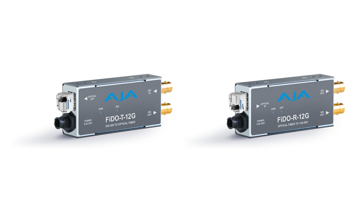 An AJA FiDO-T-12G fiber transmitter beside a FiDO-R-12G fiber receiver