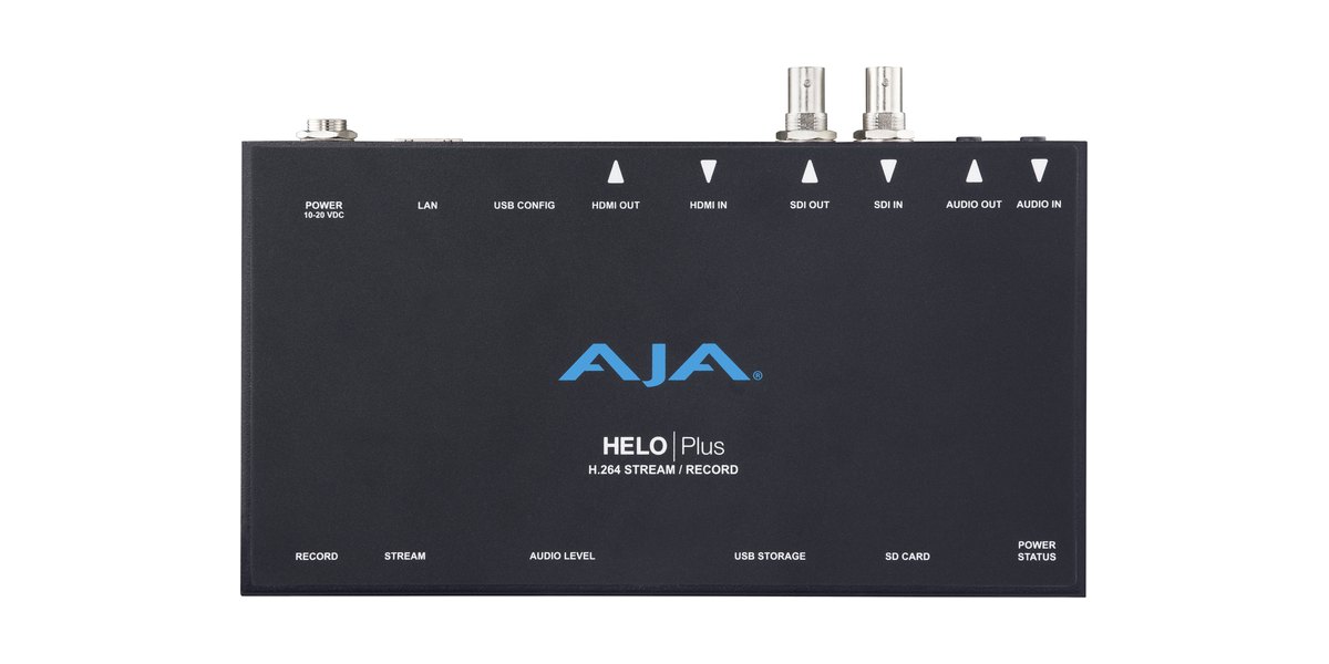 An AJA HELO Plus streaming and recording encoder seen from above