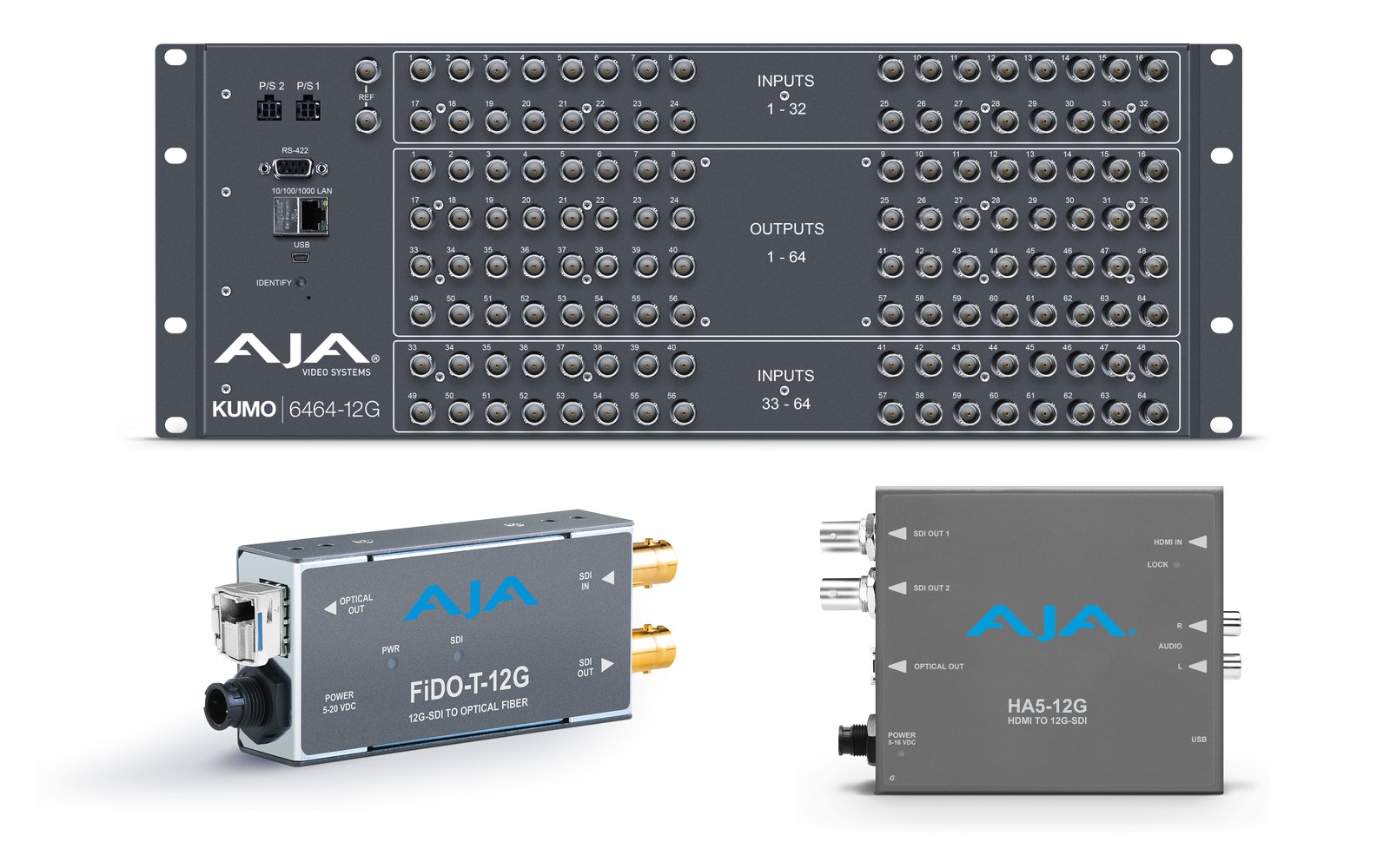 The connector panel of an AJA KUMO 6464-12G router above a FiDO-T-12G fiber transmitter and an HA5-12G HDMI to SDI converter