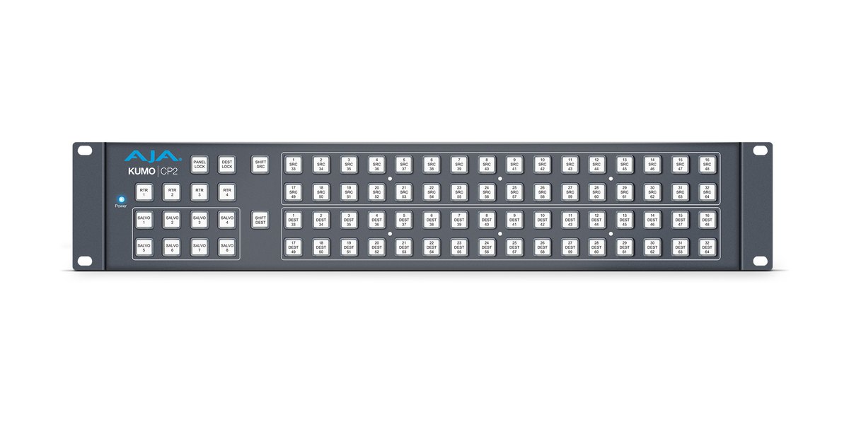 The front of an AJA KUMO CP2 control panel with rows of source and destination buttons and eight salvo buttons