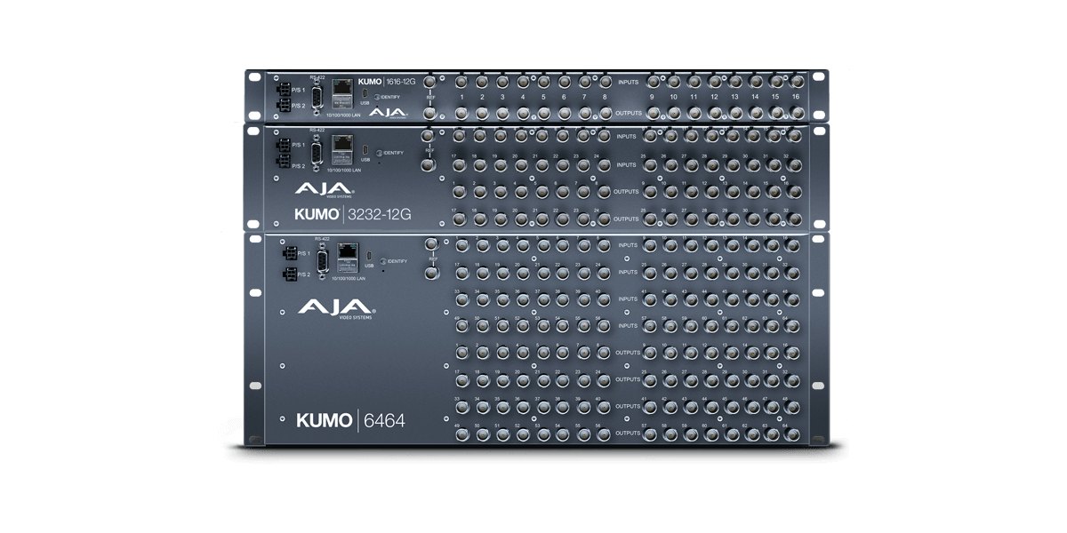 Three AJA KUMO routers stacked, from the 1RU 16x16 at the top to the 4RU 64x64 at the bottom