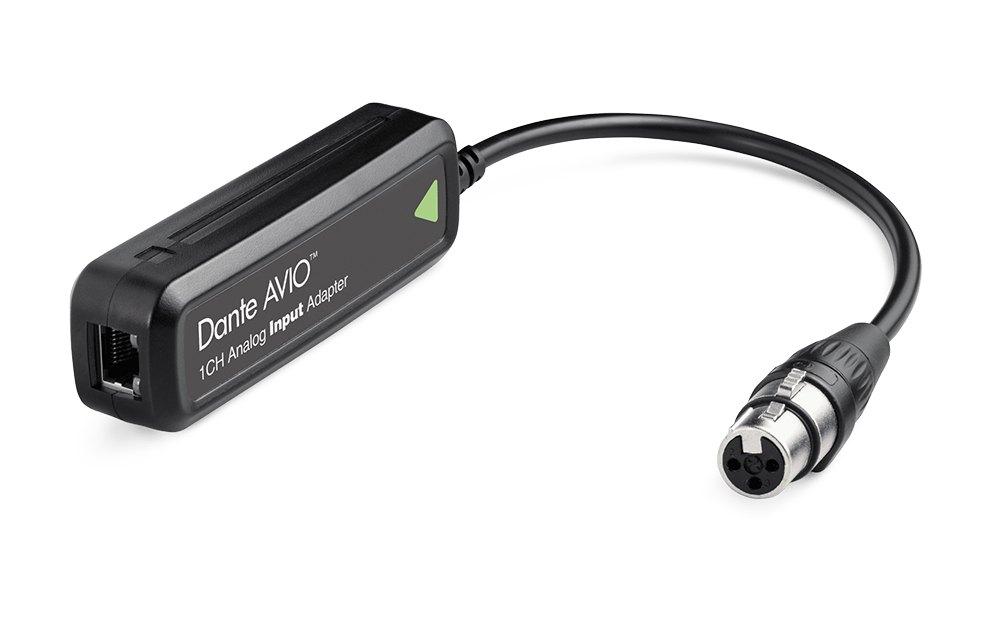 Dante AVIO one-channel analog input adapter with an XLR female tail and an Ethernet port