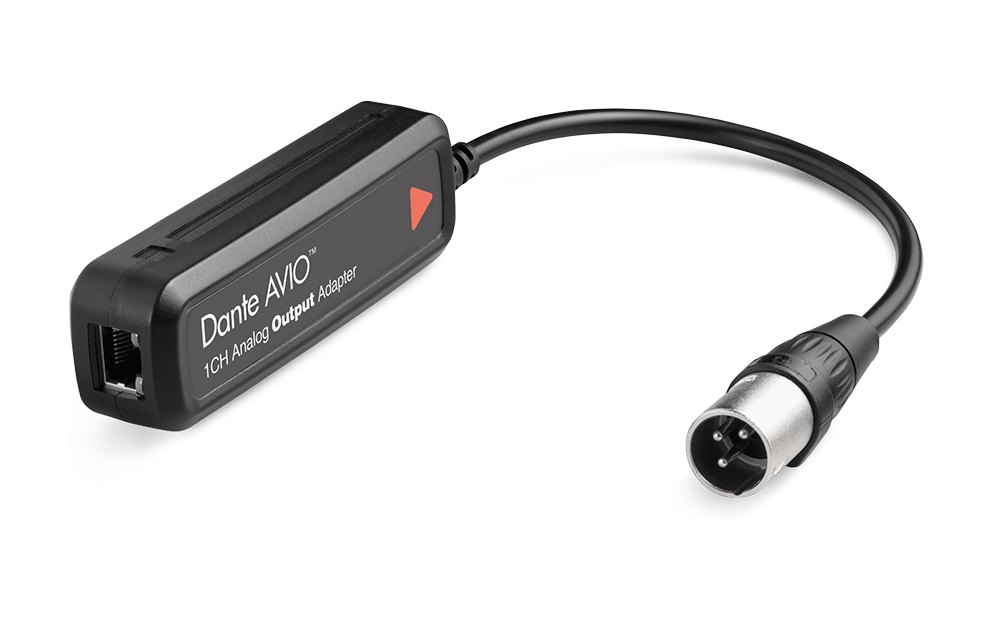 Dante AVIO one-channel analog output adapter with an XLR male tail and an Ethernet port