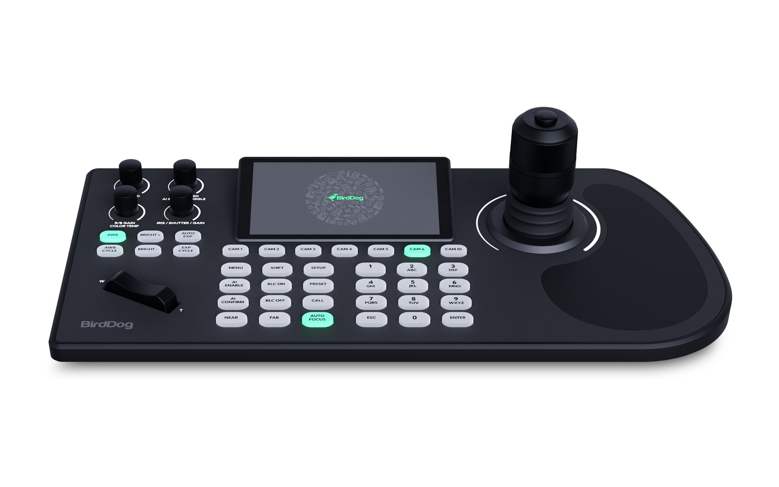 The BirdDog KBD PTZ keyboard with a joystick, a five-inch screen, shading knobs and camera keys