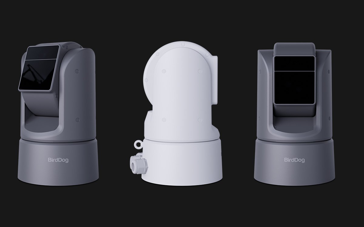 Three views of the BirdDog O4 outdoor PTZ camera in gray and white on a dark background