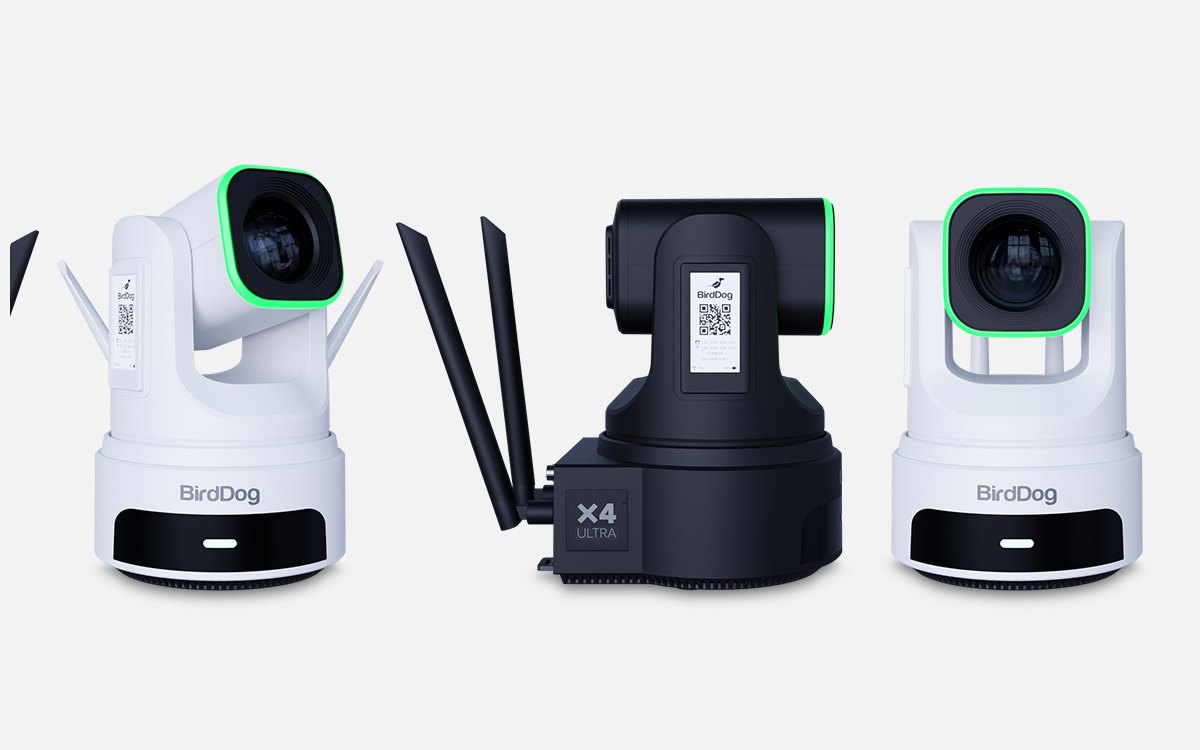 Three BirdDog X4 Ultra PTZ cameras in white and black, one from the rear with Wi-Fi antennas