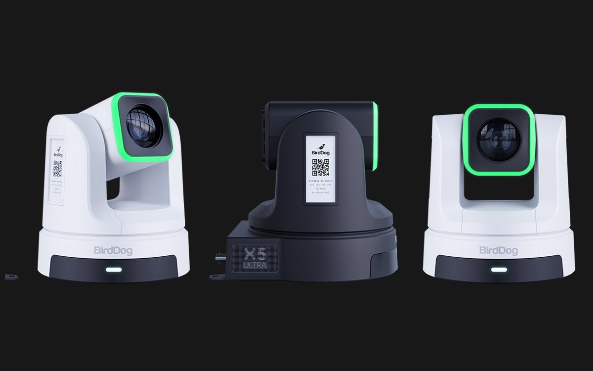 Three BirdDog X5 Ultra PTZ cameras in white and black on a dark background