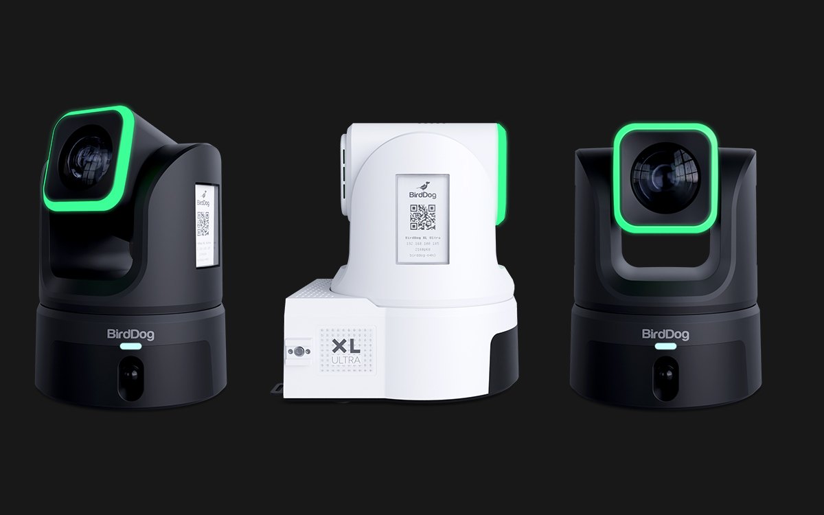 Three BirdDog XL Ultra PTZ cameras in black and white on a dark background