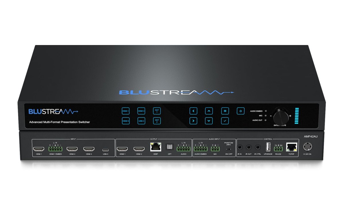 A Blustream AMF42AU presentation switcher, front and rear