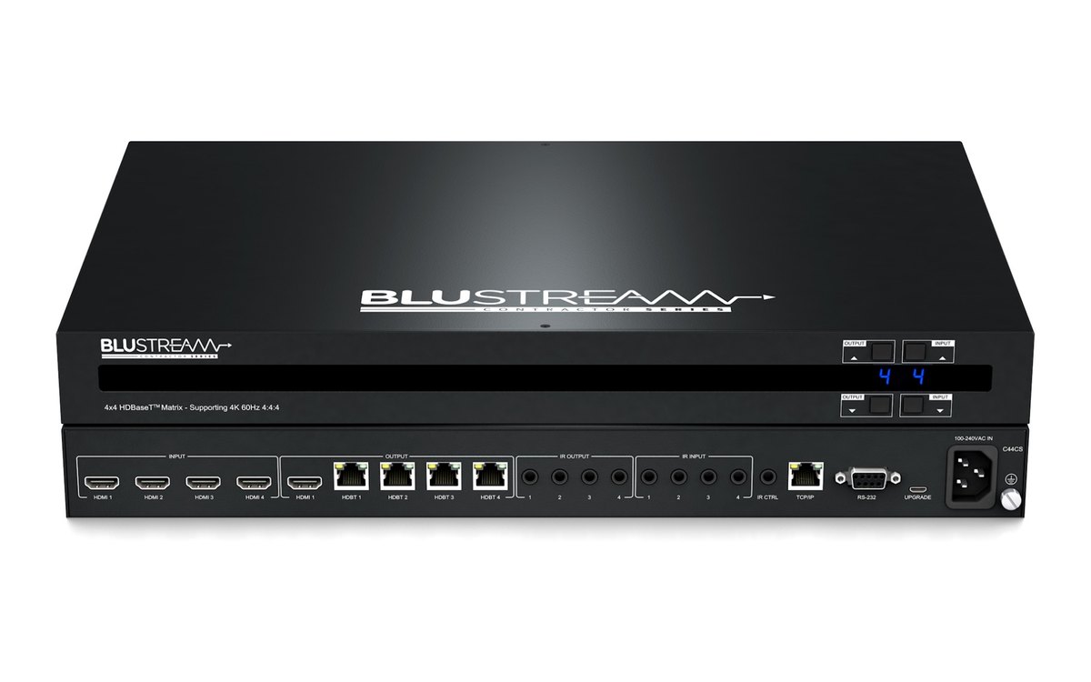 A Blustream C44CS 4x4 HDBaseT matrix, front and rear