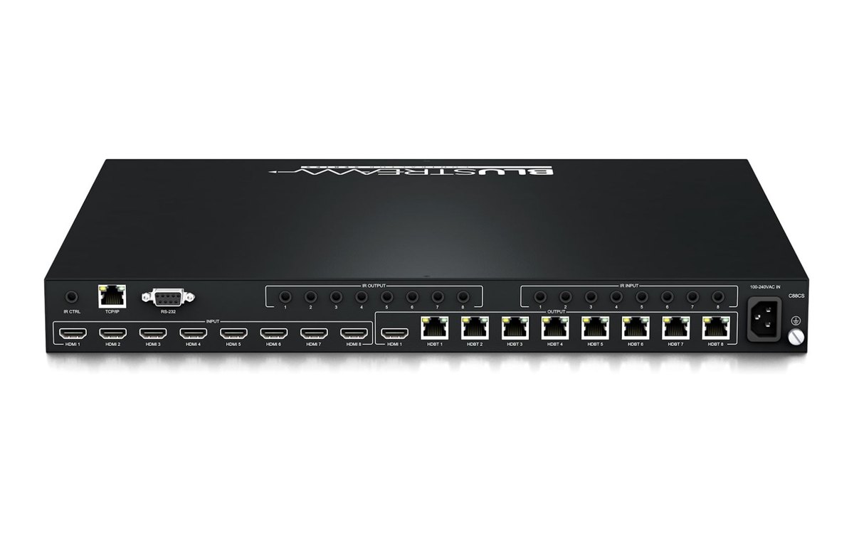 The rear panel of a Blustream C88CS 8x8 HDBaseT matrix