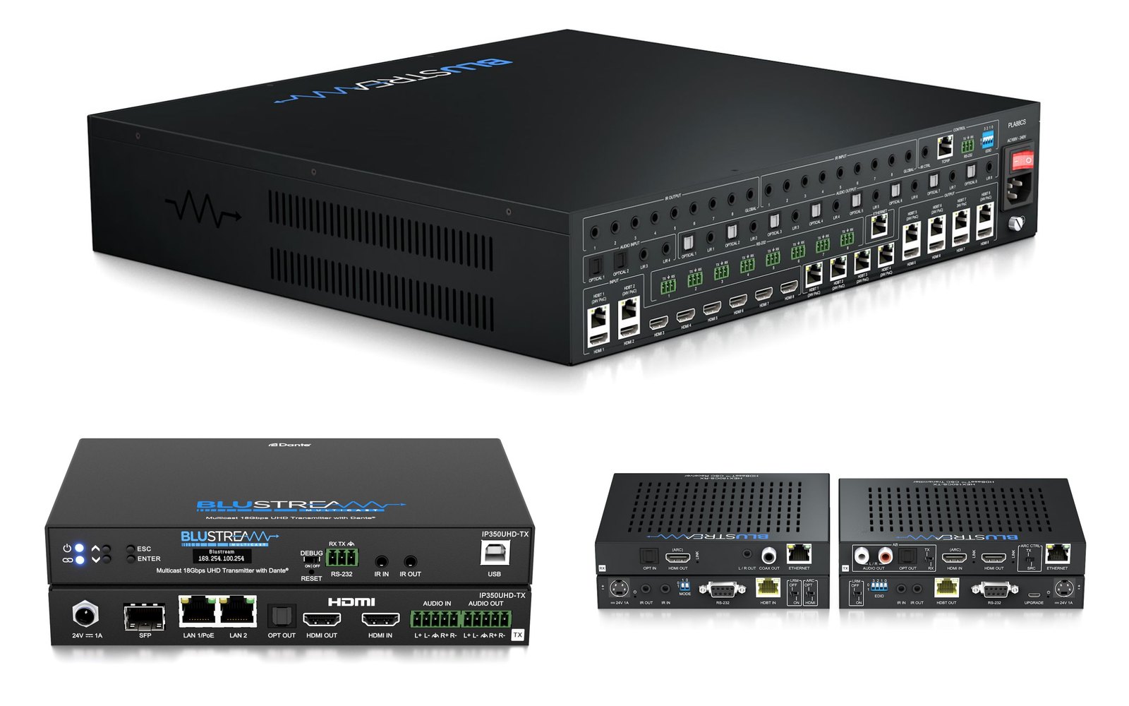 A Blustream PLA88CS matrix above an IP350UHD transmitter and a HEX150CS extender set