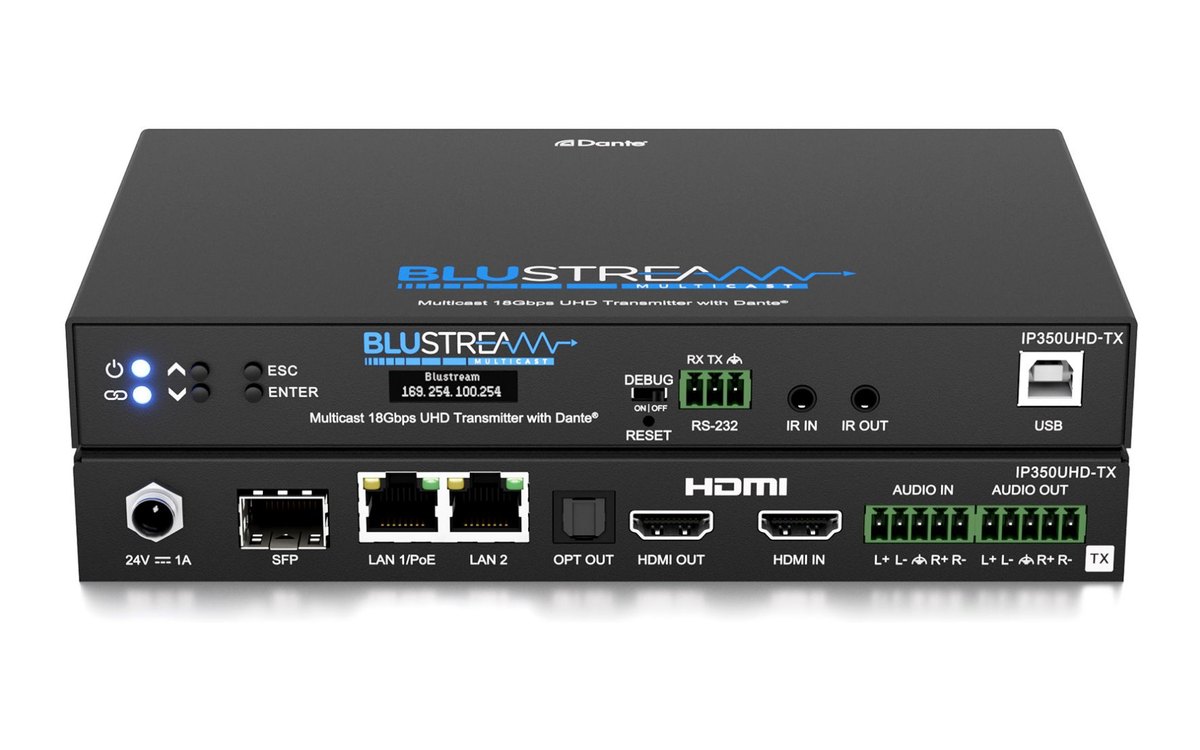 A Blustream IP350UHD transmitter with Dante, front and rear