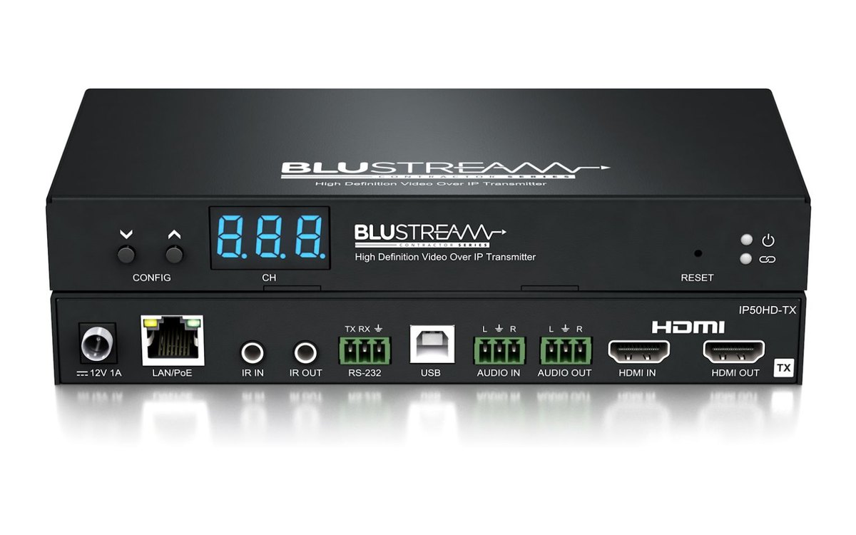 A Blustream IP50HD transmitter, front and rear