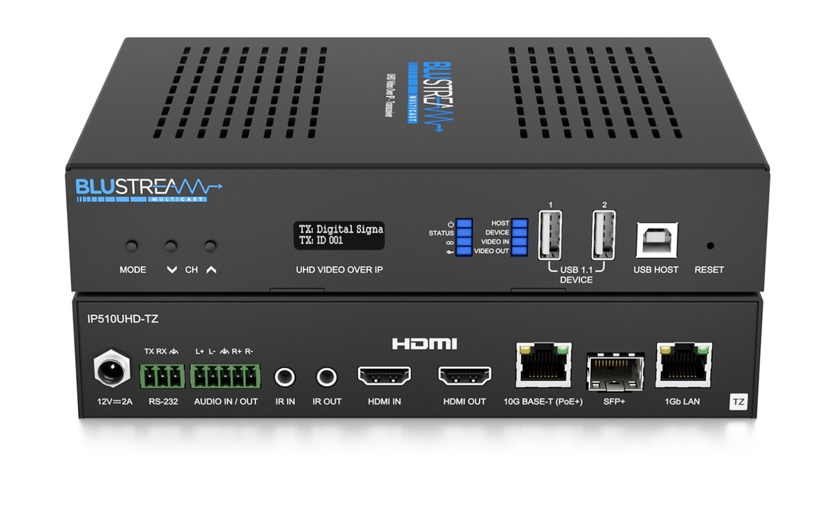 A Blustream IP510UHD-TZ transceiver, front and rear