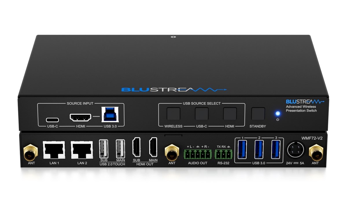A Blustream WMF72-V2 wireless presentation switch, front and rear